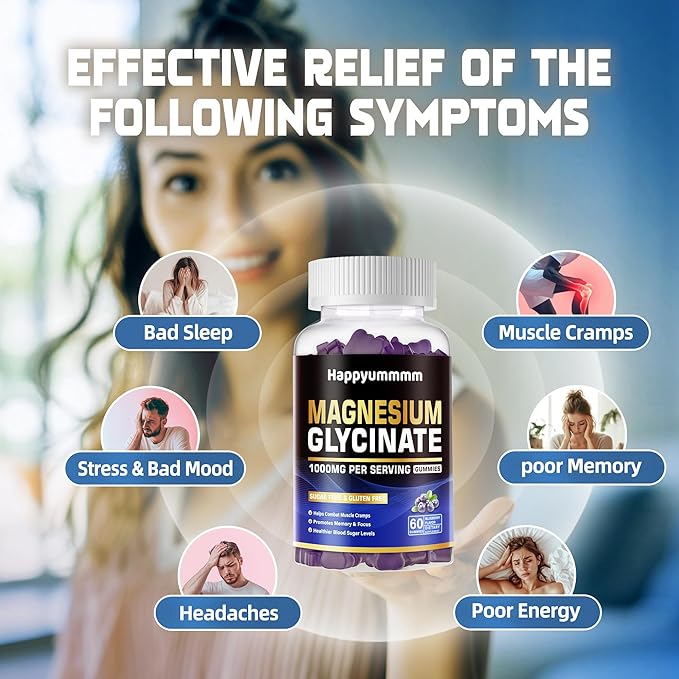 Magnesium Glycinate Gummies 1000mg - Sugar Free Magnesium Potassium Supplement with Vitamin D, B6, CoQ10 for Calm Mood & Sleep Support - 60 Blueberry Gummies