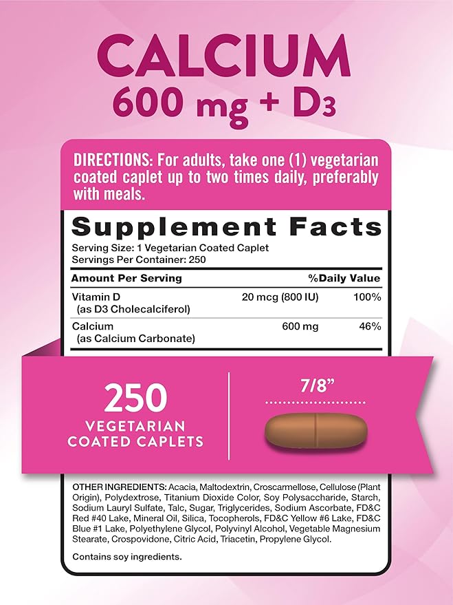 Nature's Truth Calcium 600mg with Vitamin D3 | 250 Caplets | Calcium Carbonate | Vegetarian, Non-GMO & Gluten Free Supplement