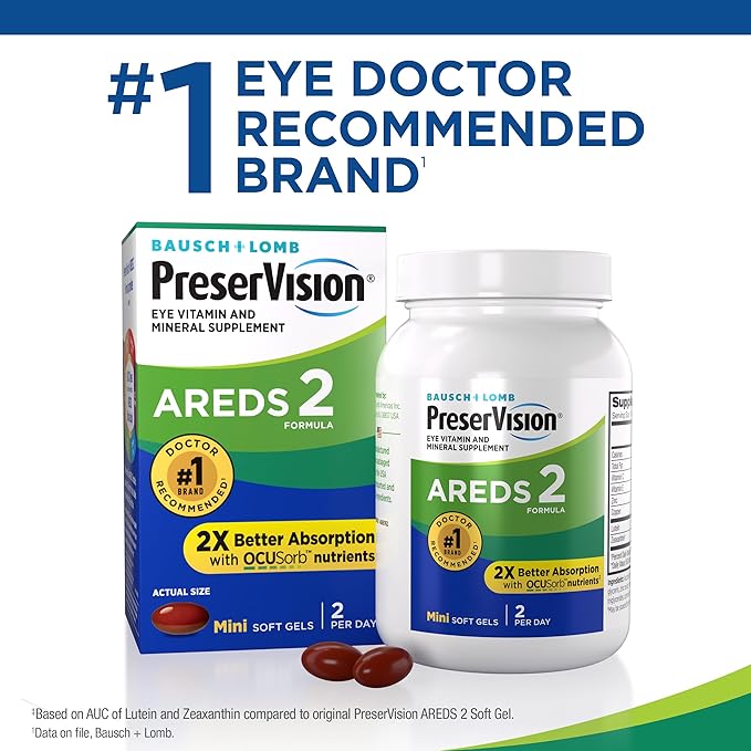 PreserVision AREDS 2 Eye Vitamin & Mineral Supplement with OCUSorb, with Lutein & Zeaxanthin From Bausch + Lomb, 130 Soft Gels (MiniGels)