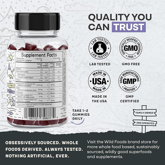 Wild Foods Kids Calm Gummies - Ashwagandha Gummies for Kids w/GABA, L-Theanine, Lemon Balm & Charmomile - Support Natural Relaxation, Stress Relief & Sleep, for Children 4+, Berry Flavor, 60 Count