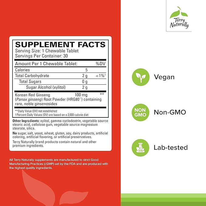 Terry Naturally HRG80 Red Ginseng Energy - Support Healthy Energy & Focus - Herbal Supplement with Korean Red Ginseng Root Powder - Vegan Tablets to Aid Healthy Endurance - 30 Chewable Tablets