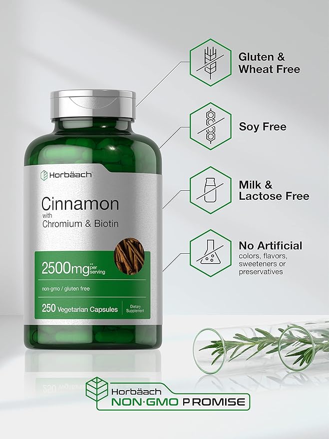 Horbäach Cinnamon with Chromium Picolinate 2500mg | 250 Capsules | Plus Biotin | Vegetarian, Non-GMO, Gluten Free
