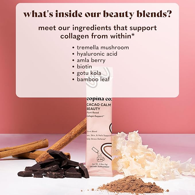 Cacao Beauty Vegan Collagen Booster Drink Blend: Plant-Based Collagen Support Smoothie Drink Vegan Blend Variety Pack | Cacao Flavor | 10 Individual Stick Packs per Carton