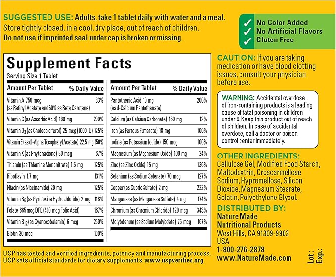 Nature Made Multivitamin Tablets with Iron, Multivitamin for Women and Men for Daily Nutritional Support, 130 Tablets, 130 Day Supply (Packaging May Vary)