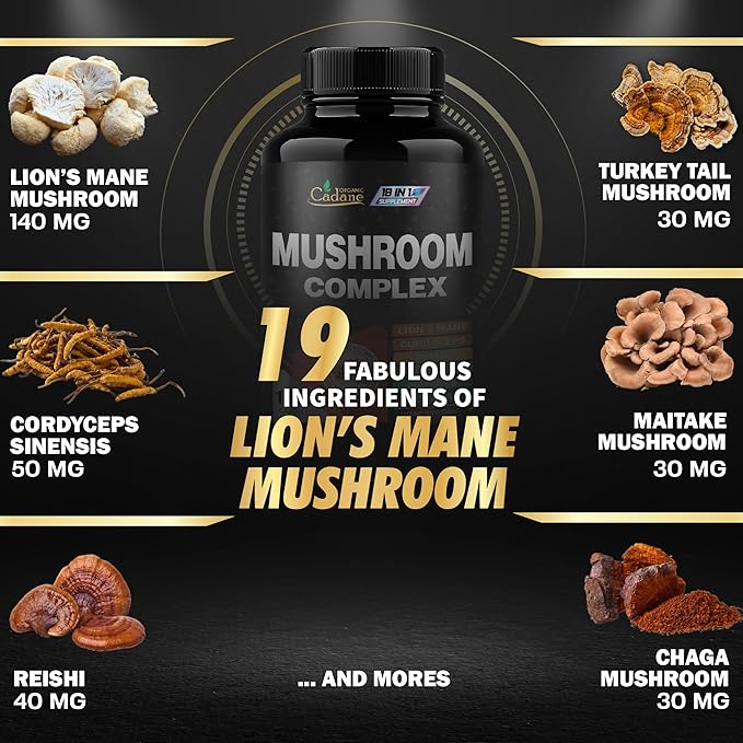 Cadane Mushroom Complex Supplements - 19in1 Concentrated with Lions Mane, Cordyceps Sinensis, Reishi, Turkey Tail Mushroom, Maitake, Chaga, Shiitake, Enoki & More - 120 Caps for 4 Months Supply