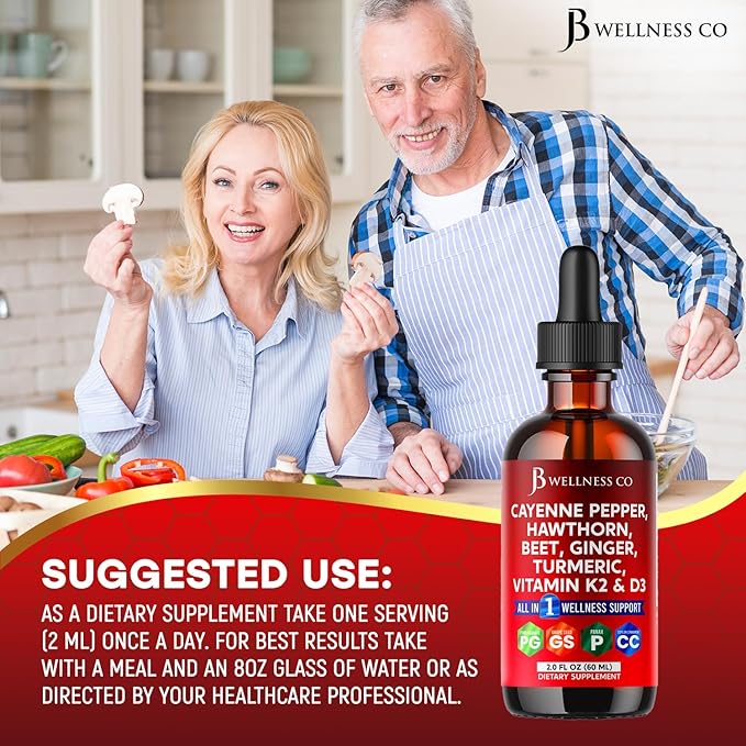 Cayenne Pepper Supplement Liquid Drops + Hawthorn Berry, Vitamin D3 K2 Beet Root Powder, Ceylon Cinnamon, Turmeric Curcumin, Organic Panax Ginseng - 2oz