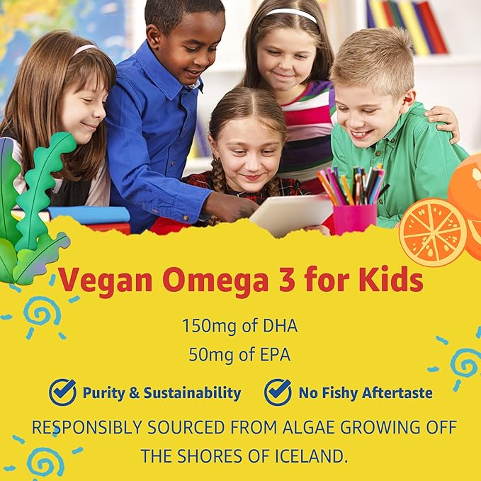 Sugar Free Kids Multivitamin Gummies with Iron, Probiotics, Vegan Omega 3 (EPA/DHA), Kids Daily Vitamins A, C, D, B Complex, Zinc for Healthy Growth, Immune, Brain, Bone, Orange Flavor, 60 Counts