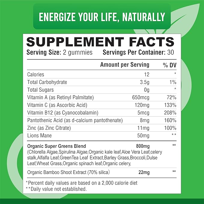 IMPACT Supergreens Veggies Gummies - Vegetarian Fiber Gummies for Adults & Kids - Daily Green Superfoods with Essential Vitamins & Support Immunity & Gut Health - 4g of Fiber per Two Gummy (60 Count)