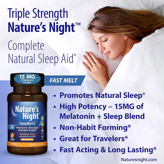 Nature's Night Triple Strength Quick Dissolve Melatonin 15mg with Supportive Blend | Natural Orange Flavor | 90 Count | Sugar Free, Vegan, Non-GMO, Drug Free