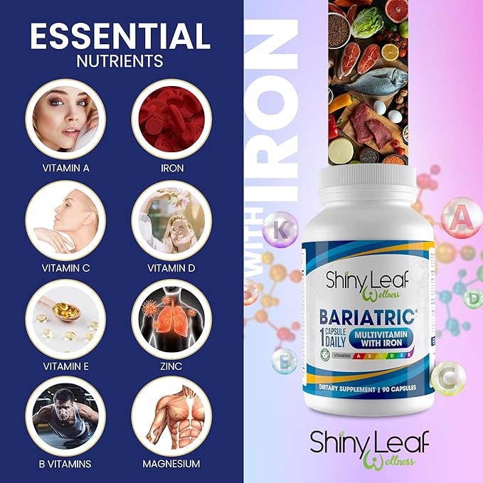 Shiny Leaf Bariatric Multivitamin with Iron - 45 mg for Gastric Bypass, Sleeve Gastrectomy, Roux-en-Y, Duodenal Switch - 22 Vitamins & Minerals, ASMBS Compliant, Vegetarian, Made in USA, GMP, 360 Ct.