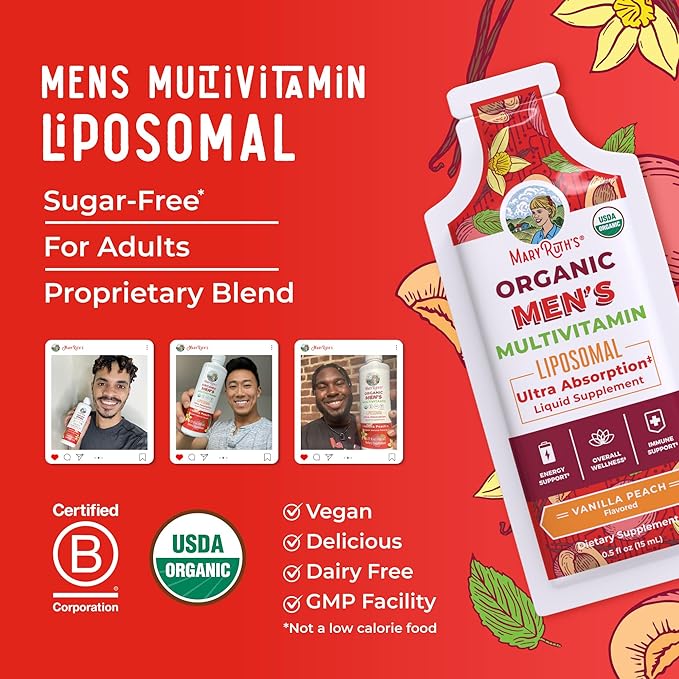 MaryRuth Organics Multivitamin for Men | USDA Organic | Sugar Free Mens Multivitamin Liposomal | Liquid Vitamins for Men | Immune Support Supplement & Overall Wellness | Vegan | 14-0.5 Fl Oz Pouches