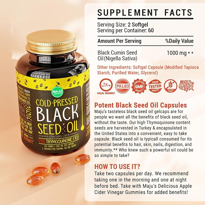 Maju Superfoods Black Seed Oil Capsules, Strong Cold Pressed, 2% Thymoquinone, 100% Turkish Black Cumin Nigella Sativa Seed Oil, Organic BSO, Liquid Blackseed Oil, 120 Count, 500mg per Capsule