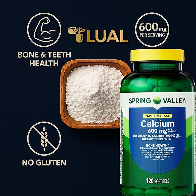 Spring Valley Calcium 600 mg + Vitamin D3, 120 Softgels | Bone Health, Strong Teeth & Osteoporosis Support | Rapid-Release Capsules, Gluten-Free Supplement Bundle with Luall's 45 Diabetes Decoded
