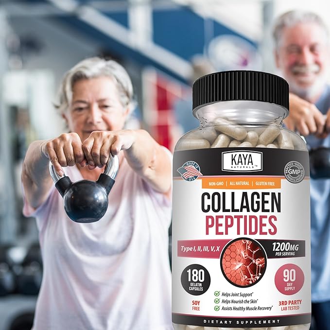Kaya Naturals Multi Collagen Peptides Complex Powder for Women and Men, Types I, II, III, V & X | 180 Count Capsules