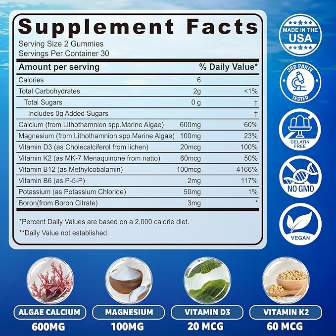 Calcium Gummies 600mg - Calcium Supplement for Women, Ocean Algae Calcium | Vitamin D3, K2, Magnesium | for Bone Strength, Muscle & Immnue | Sustainably Sourced Algae Calcium, 70+ Mineral, Vegan,2PACK