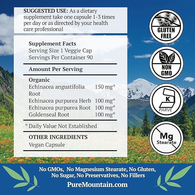 Echinacea Goldenseal Capsules - Kosher Vegan Caps with 450mg Organic Echinacea Goldenseal Complex