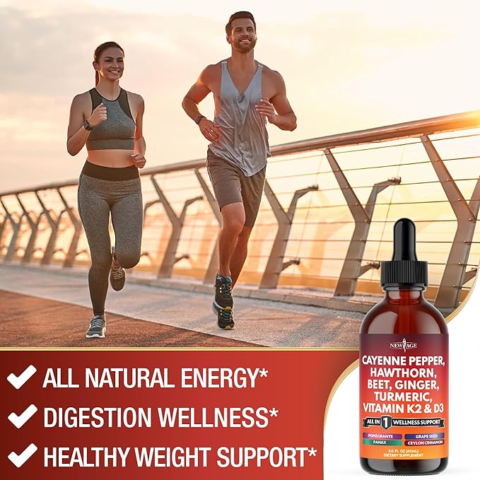Cayenne Pepper Supplement Liquid Drops + Hawthorn Berry, Vitamin D3 K2 Beet Root Powder, Ceylon Cinnamon, Turmeric Curcumin, Organic Panax Ginseng - 8 oz