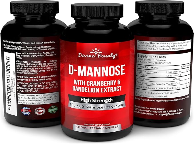 Divine Bounty D-Mannose Capsules - 600mg D Mannose Powder per Capsule with Cranberry and Dandelion Extract to Support Normal Urinary Tract Health - 120 Veggie Capsules