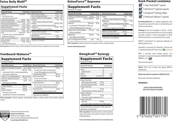 Designs for Health Women's Twice Daily Essential Packets - Vitamin Packs with Iron-Free Multivitamin, OsteoForce Bone Support, OmegAvail Fish Oil + FemGuard+Balance - Female Health (60 Packets)