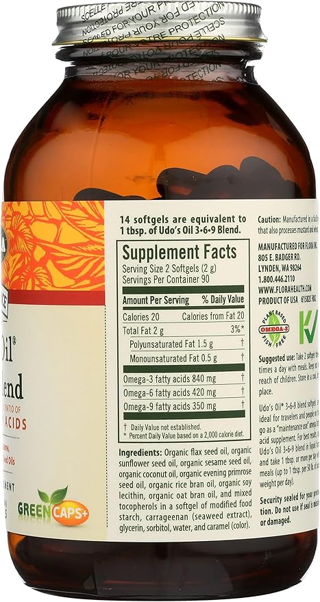Flora - Udo's Choice, Omega 369 Oil Blend, Vegetarian Capsules, 180 Count,61582