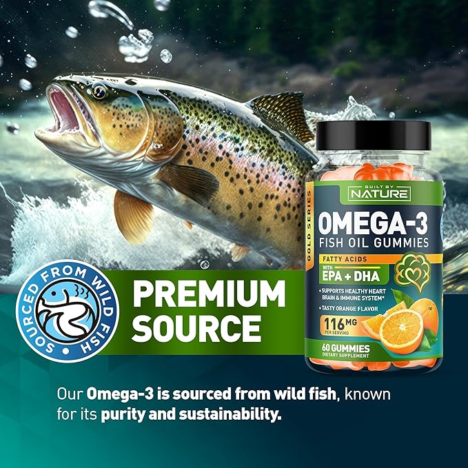 Omega 3 Fish Oil Gummies with EPA & DHA from Wild Fish - Triple Strength Omega 3 Fish Oil Gummy, Supports Healthy Heart, Brain & Immune System, Burpless & Natural - 60 Gummies, 30 Day Supply