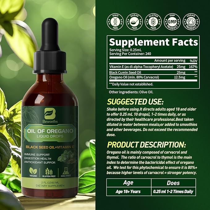 B BEWOTHS Oregano Oil Drops, Oil of Oregano with Black Seed Oil, Vitamin E, Wild Harvest Oil of Oregano Liquid Herbal Blend for Immune, Antioxidant, Digestive Gut Cleanser, Kidney Health Support-Vegan