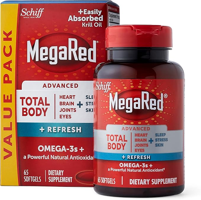 Omega-3 Blend Total Body + Refresh 500mg Softgels, MegaRed (65 count in a bottle), Easily Absorbed Krill Oil, To Support Your Heart, Joints, Brain & Eyes