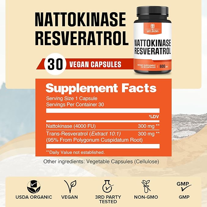 Nattokinase Supplement 3300mg with Trans-Resveratrol - Supports for Immunity System, Healthy Heart & Body Balance - 30 Servings