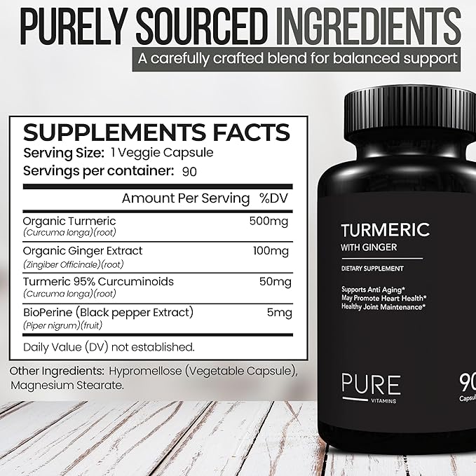 Turmeric and Ginger Supplements - 90 Vegetarian Capsules | Digestive Health & Joint Support Supplement | Organic Turmeric Curcumin Supplement with Black Pepper Extract