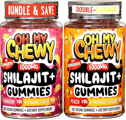 Pure Himalayan Shilajit Gummies - 100% Authentic Shilajit Reisin Extract for Men and Women with Ashwagandha and Shatavari - 60 Gummy - Strawberry & Banana and Peach & Mango Bundle