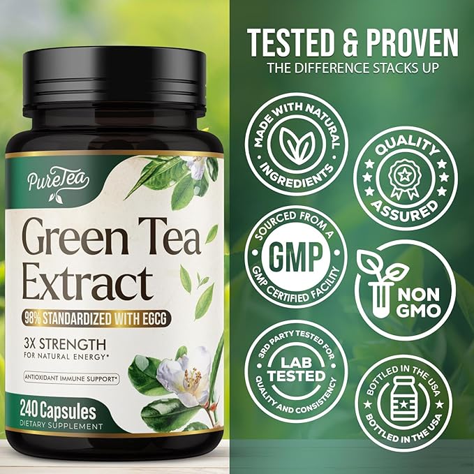 Green Tea Extract Pills 1000mg with EGCG for Heart Support with Antioxidants - 98% Standardized Polyphenols - 3X Absorption Green Tea Capsules for Natural Energy, Gentle Caffeine - 240 Capsules
