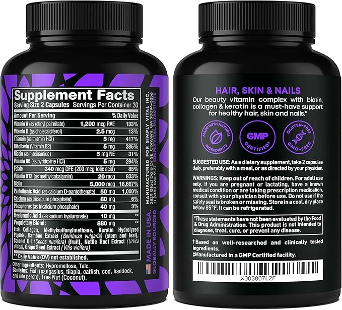 Biotin and Collagen Supplements with Keratin - Hair Vitamins - Hair Skin & Nails Vitamins with Biotin, Collagen, B Complex - Made in USA - Biotin Supplement for Strong Hair, Skin & Nails - 60 Capsules