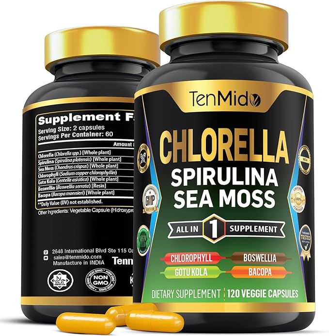 Organic Chlorella Supplement for Men and Women, 7in1 Formula with Spirulina, Sea Moss, Chlorophyll, Gotu Kola, Boswellia & Bacopa - Immune Support - Rich in Nutrient, Vitamins - 120 Capsules