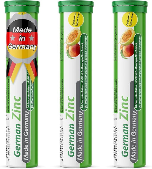 German Zinc 60 Drink Effervescent Tablets - Peach and Passion Fruit Flavour - 5 mg Zinc, Sugarfree, Vegan - T&D Pharma – Made in Germany