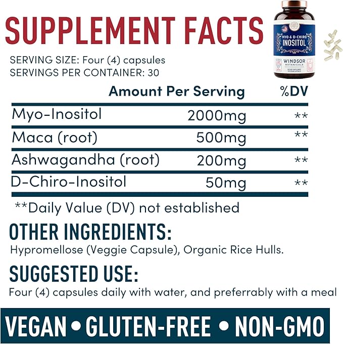 Myo and D-Chiro Inositol Supplement 40:1 Ratio - 2,000 mg Myo-Inositol plus Maca Root & Calming Ashwagandha - Healthy Ovarian Support Vitamins and Fertility Supplements for Women - 120 Vegan Capsules