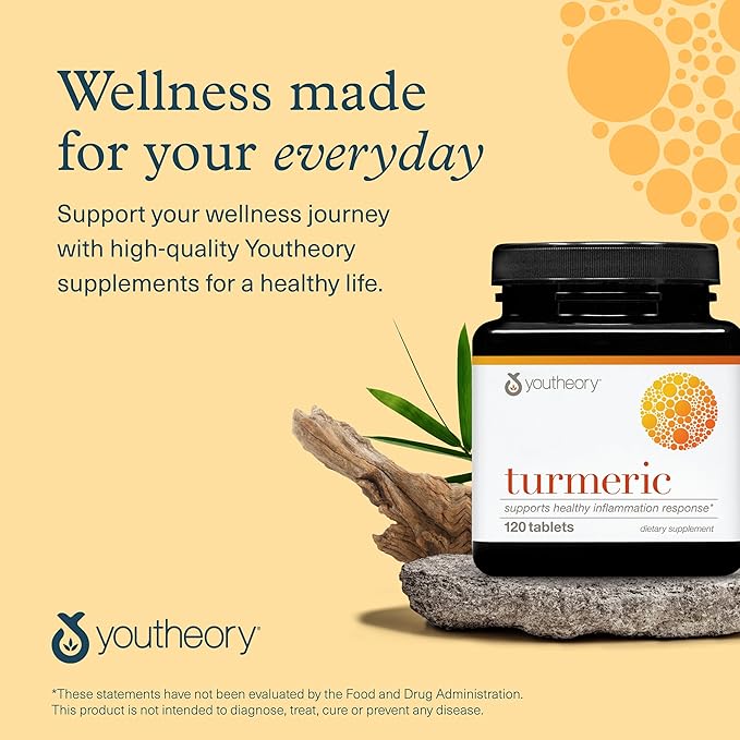 Youtheory Turmeric Advanced - 450 mg Turmeric Supplement - with 15 mg Black Pepper & 300 mg Olive Leaf Extract - Curcumin Joint Support* - Soy, Dairy & Gluten Free - 120 Vegetarian Tablets