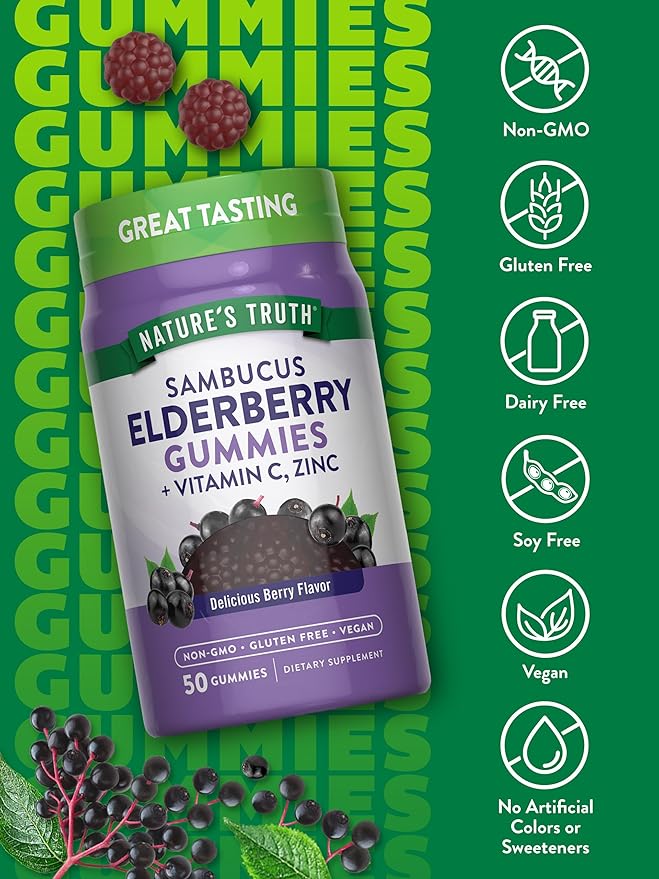 Nature's Truth Black Elderberry Gummies | 50 Vegan Gummies | with Vitamin C and Zinc | Berry Flavor | Vegan, Non-GMO, and Gluten Free Supplement