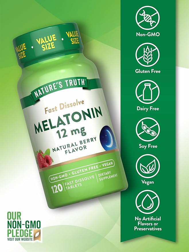 Nature's Truth Melatonin Tablets | 12mg | 120 Count | Natural Berry Flavor | Fast Dissolve | Vegan, Non-GMO & Gluten Free Supplement