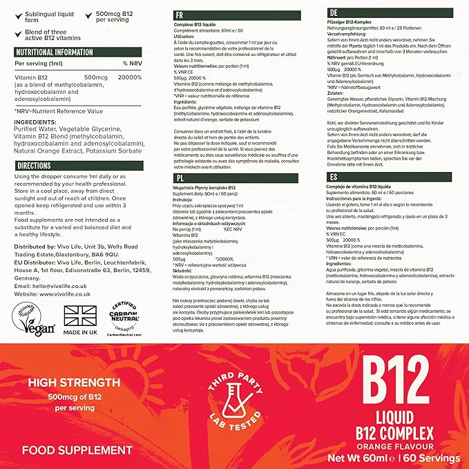 Vivo Life - Vitamin B12 Complex, High Potency Health Supplement, Orange Flavor Liquid Drops, 60ml, 60 Servings