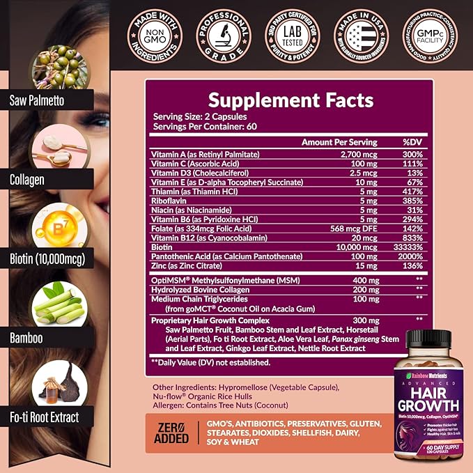 (2 Pack) Hair Growth Vitamins for Women | Biotin 10,000mcg, Collagen, Patented OptiMSM®, goMCT®, Saw Palmetto | Naturally Regrow Stronger & Healthier Hair, Skin and Nails | May Stop Hair Loss