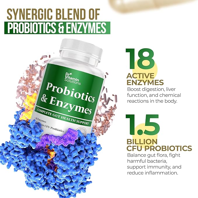 Dr. Vitamin Multi Enzymes, Pre and Probiotics for Digestive Health | 18 Active Enzymes & 1.5 Billion CFU Probiotics for Women & Men | Digestive Enzymes w/Prebiotics for Bloating Relief | 60 Capsules