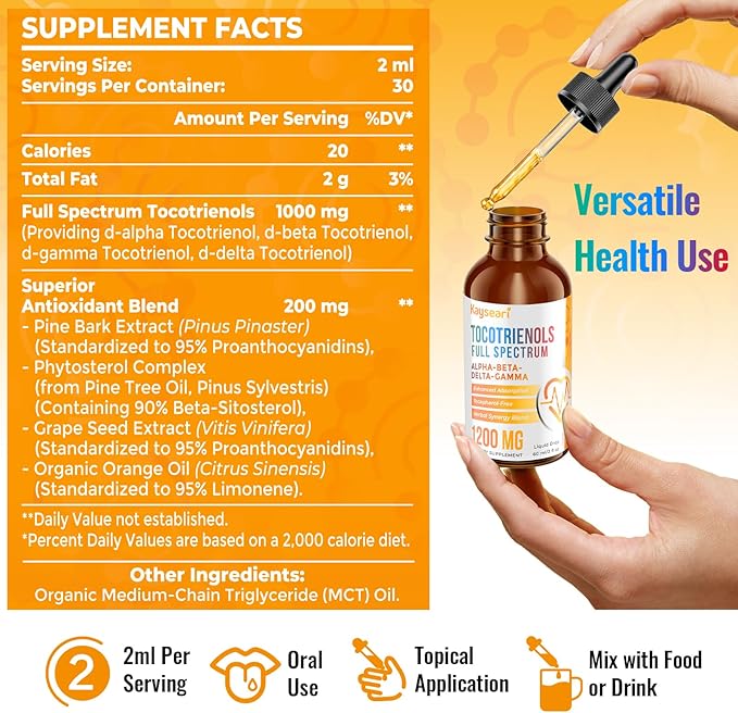 Full Spectrum of Tocotrienols Supplement 1200mg- Tocotrienol Vitamin E Liquid,Tocopherol-Free - Superior Antioxidant Blend - Higher Absorption - 2 Pack