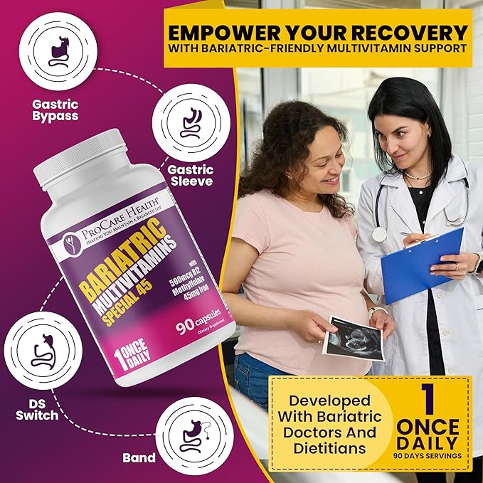 ProCare Health Bariatric Multivitamin with Iron (90 Capsule) - 45mg Iron with Reduced B12 - Post Op Bariatric Vitamins for Gastric Bypass Sleeve Patients, Sustains Recovery & Energy (03 Month Supply)