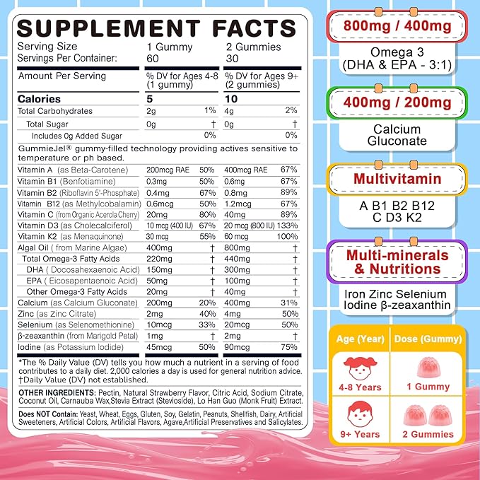Omega 3 Gummies (EPA/DHA) for Kids 4+, Kids Multivitamin A B1 B2 B12 C D3 K2, Calcium, Iron, Zinc, Selenium, lodine for Brain Cognition, Eye, Bone, Energy, Immune, No Fish Taste, Sugar Free
