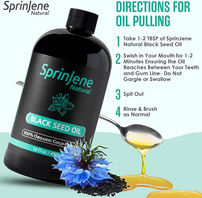 SprinJene Naturalยฎ 100% Pure Organic Black Seed Oil Cold Pressed for Oral Wellness, Nigella Sativa Black Seed Oil, Black Cumin Seed Oil Organic, Omega 3 6 9, Nourishes Skin, Supports Joint, 16 fl oz