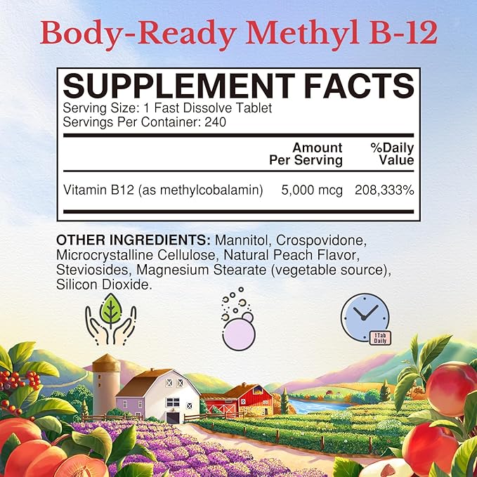 Vitalitown Vitamin B12 (Methyl B12) 5000 mcg, Fully Bioactive Form, Support Energy Production, Natural Peach Flavor, Zero Sugar, 240 Fast Dissolve Tablets
