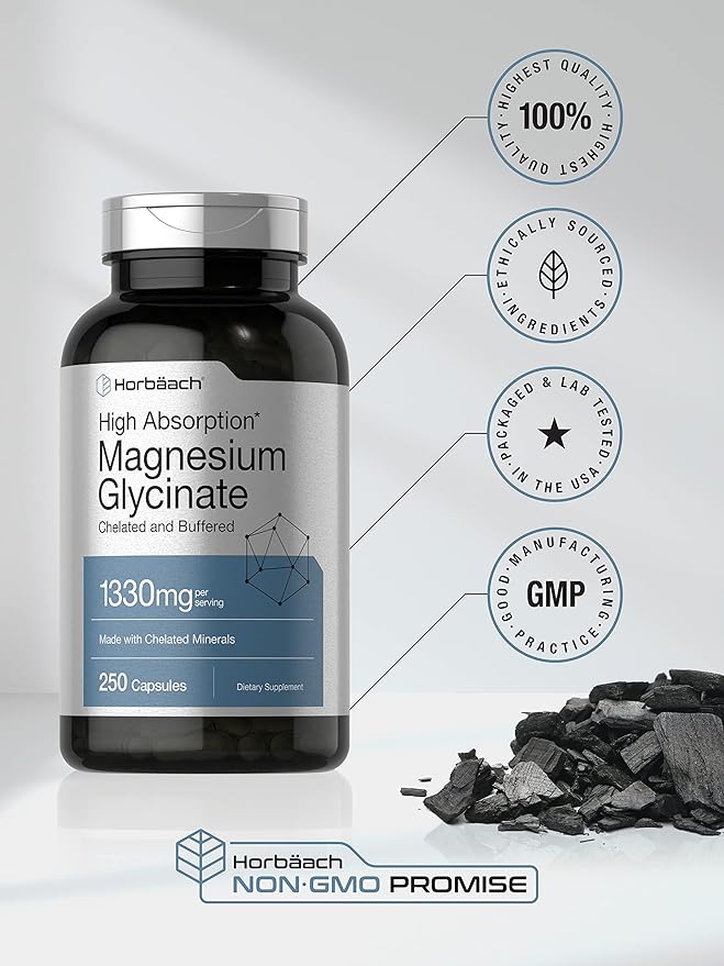 Horbäach Buffered Magnesium Glycinate | 1330mg | 250 Capsules | with Chelated Minerals | Non-GMO, Gluten Free