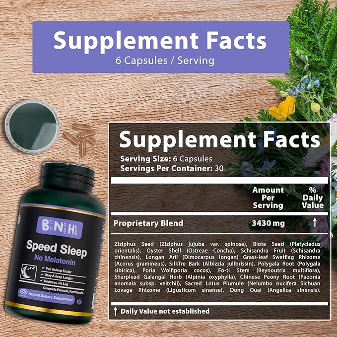 Speed Sleep- Natural Supplements for Sleep, Melatonin Free, Gluten Free, All-Natural Ingredients, 180 Capsules, Non-Habit Forming, Relaxing