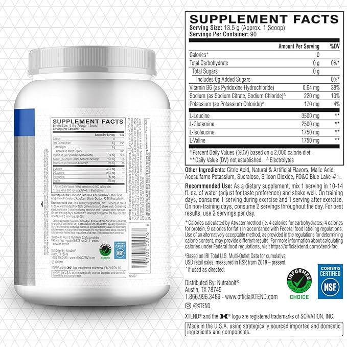XTEND Original BCAA Powder 7g BCAA and 2.5g L-Glutamine, Sugar Free Post Workout Muscle Recovery Drink with Amino Acids for Men & Women, 90 Servings