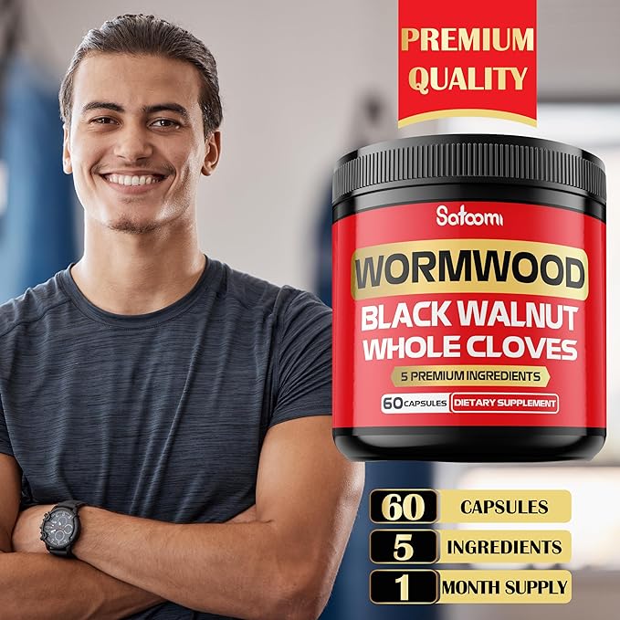Satoomi 5 in 1 Wormwood Capsules Supplement - Extracted from Black Walnut, Whole Cloves, Turmeric and Berberine HCl - Immune System & Digestion Health - 60 Capsules